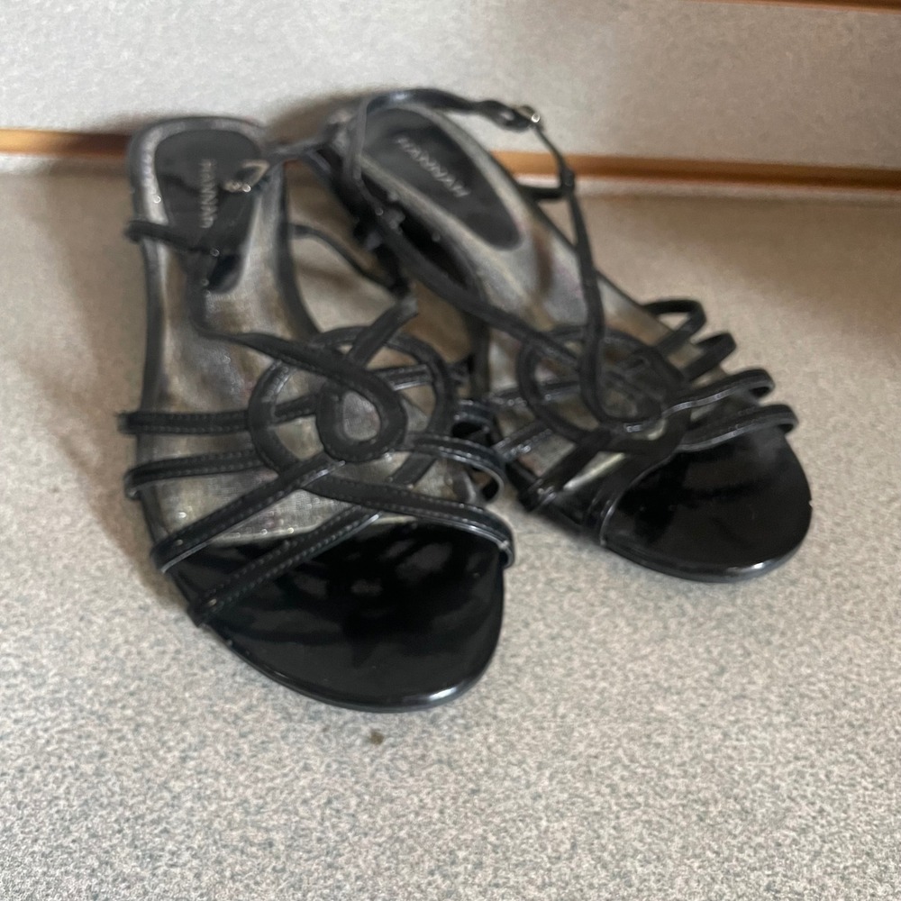 Hannah Terri Black Patent Strappy Wedge Sandals Womens 8.5 M 19515001 Low Heel